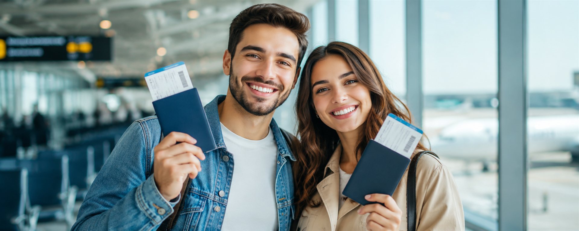 Smiling couple holding passports and boarding passes at the airport
